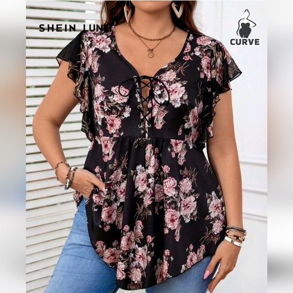 SHEIN Tops - SHEIN Black Pink Flutter Sleeve High Low Flowy Blouse Lace Up Tie Front